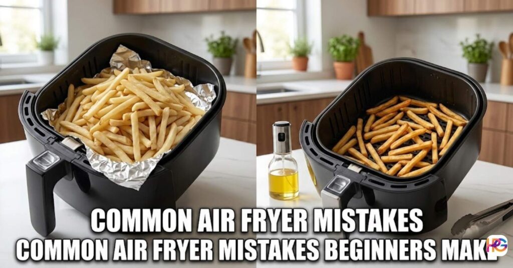 Side-by-side comparison showing common air fryer mistakes beginners make, featuring an overcrowded basket with foil on the left versus properly spaced, crispy fries on the right.