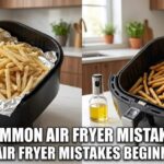 Side-by-side comparison showing common air fryer mistakes beginners make, featuring an overcrowded basket with foil on the left versus properly spaced, crispy fries on the right.
