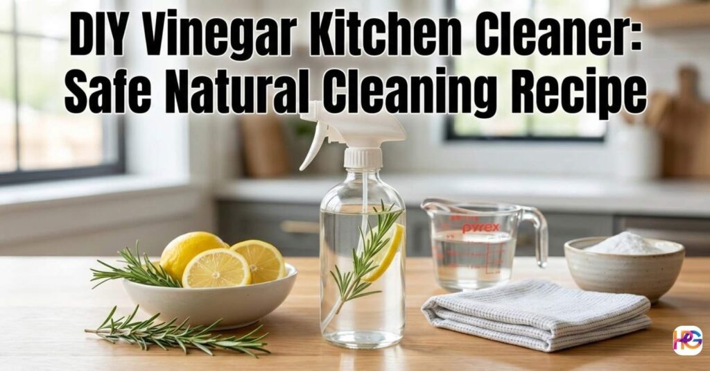 A glass spray bottle of DIY Vinegar Kitchen Cleaner: Safe Natural Cleaning Recipe on a wooden kitchen counter with fresh lemons, rosemary, and a bowl of baking soda.