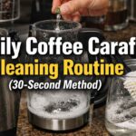 Stainless steel and glass coffee carafes being rinsed and scrubbed at a sink with text overlay “Daily Coffee Carafe Cleaning Routine (30-Second Method)”.