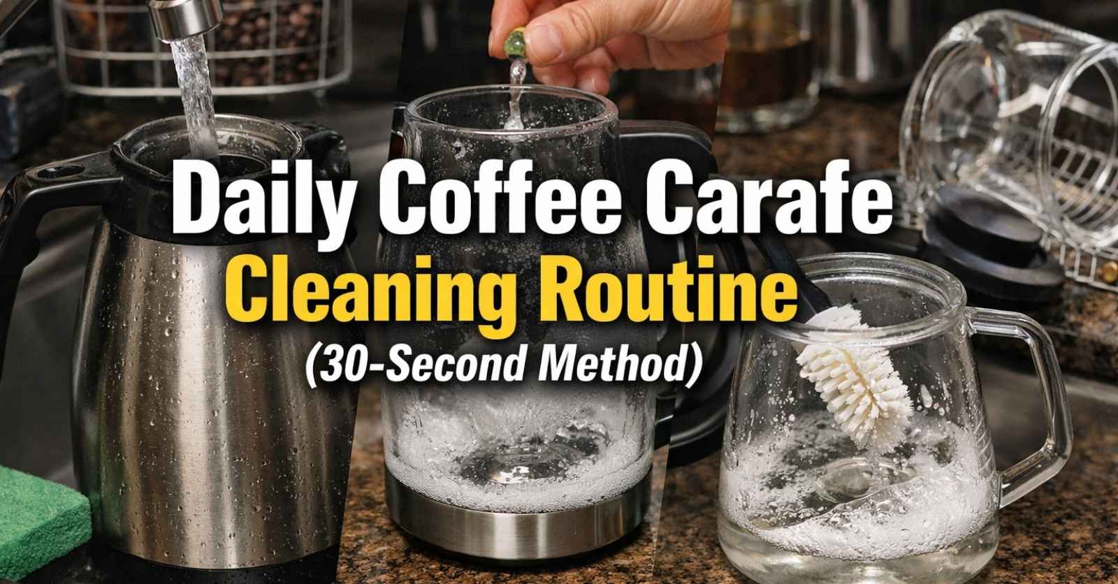 Stainless steel and glass coffee carafes being rinsed and scrubbed at a sink with text overlay “Daily Coffee Carafe Cleaning Routine (30-Second Method)”.