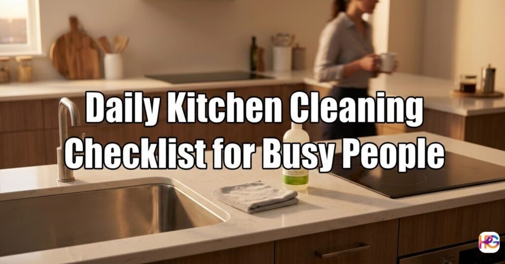A photograph of a modern kitchen counter with a folded gray cloth and a cleaning spray bottle, featuring large text overlay that reads "Daily Kitchen Cleaning Checklist for Busy People."