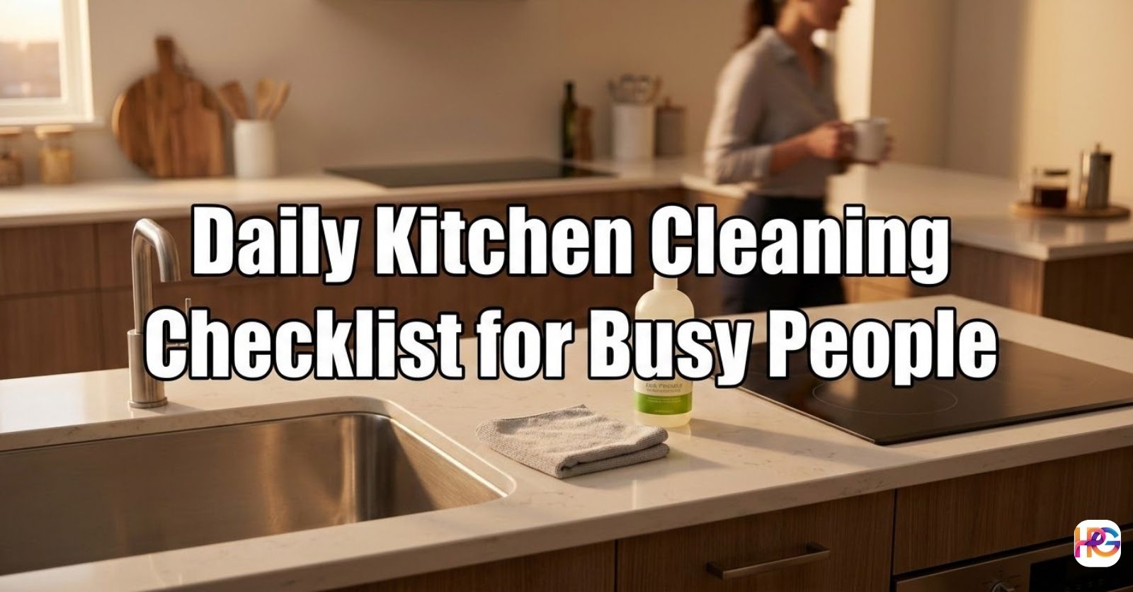 A photograph of a modern kitchen counter with a folded gray cloth and a cleaning spray bottle, featuring large text overlay that reads "Daily Kitchen Cleaning Checklist for Busy People."