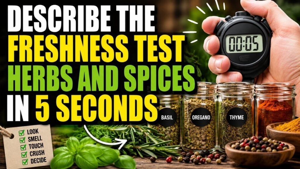 Describe the freshness test for herbs and spices in 5 seconds, featuring spice jars, fresh herbs, and a stopwatch.