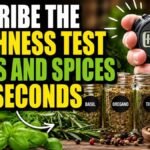 Describe the freshness test for herbs and spices in 5 seconds, featuring spice jars, fresh herbs, and a stopwatch.