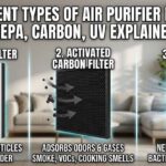 An infographic showing three air purifier technologies: a True HEPA filter, an Activated Carbon filter, and a UV-C light module, with text explaining how each one cleans the air.