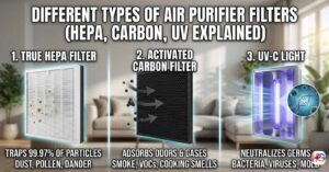 An infographic showing three air purifier technologies: a True HEPA filter, an Activated Carbon filter, and a UV-C light module, with text explaining how each one cleans the air.