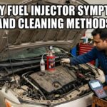 Man in a garage showing dirty fuel injector symptoms and cleaning methods with a red tool kit and car engine.