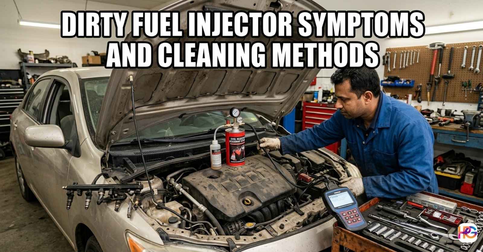 Man in a garage showing dirty fuel injector symptoms and cleaning methods with a red tool kit and car engine.