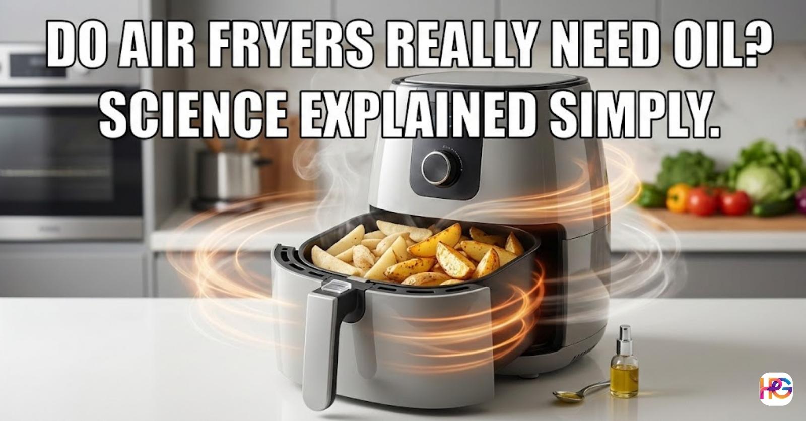 Golden potato wedges inside an air fryer with swirling hot air lines, showing if air fryers really need oil.