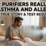 A man sitting on a bed in a clean bedroom next to a modern air purifier with text overlay: "Do air purifiers really help with asthma and allergies? My true story and test results."