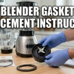 Person in blue gloves showing blender gasket replacement instructions by holding a blade base over a wood kitchen counter.