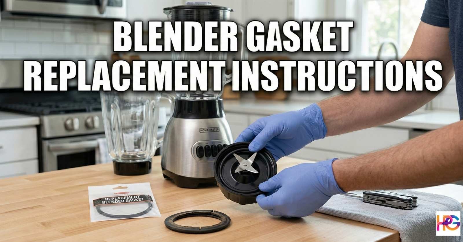 Person in blue gloves showing blender gasket replacement instructions by holding a blade base over a wood kitchen counter.