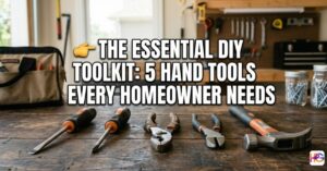 A flathead screwdriver, Phillips screwdriver, pliers, wire cutters, and a claw hammer laid out on a wooden workbench representing Essential DIY Tools for every home.