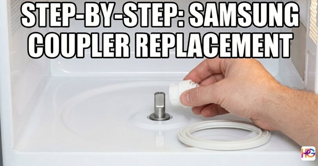 A hand placing a new white plastic Samsung microwave coupler onto the D-shaped motor shaft inside a clean microwave oven floor.