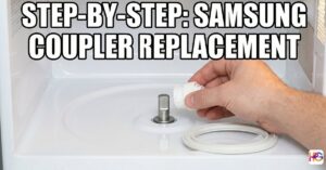 A hand placing a new white plastic Samsung microwave coupler onto the D-shaped motor shaft inside a clean microwave oven floor.