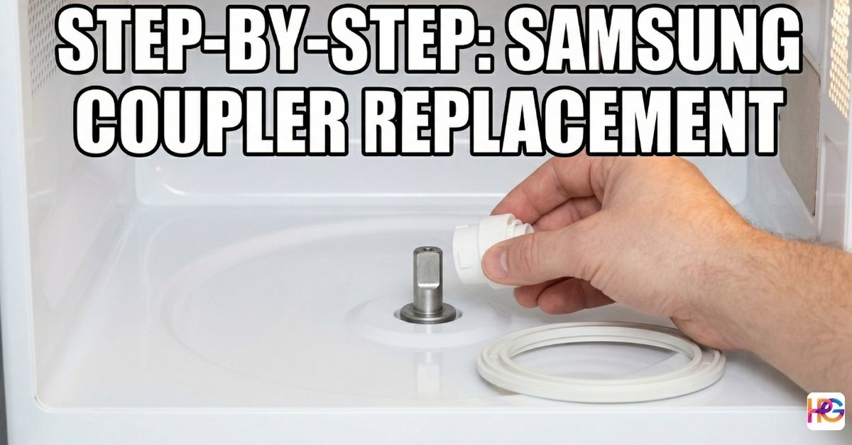 A hand placing a new white plastic Samsung microwave coupler onto the D-shaped motor shaft inside a clean microwave oven floor.