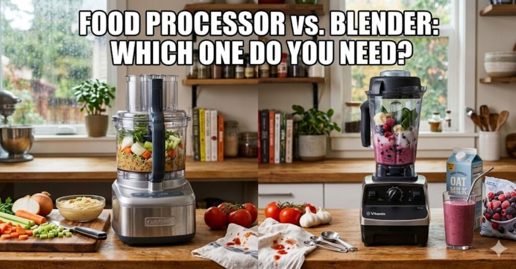 A side-by-side comparison of a silver food processor with chopped vegetables and a black high-speed blender with a berry smoothie. The text overlay reads "FOOD PROCESSOR vs. BLENDER: WHICH ONE DO YOU NEED?" in a white Impact font.