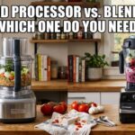 A side-by-side comparison of a silver food processor with chopped vegetables and a black high-speed blender with a berry smoothie. The text overlay reads "FOOD PROCESSOR vs. BLENDER: WHICH ONE DO YOU NEED?" in a white Impact font.
