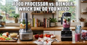 A side-by-side comparison of a silver food processor with chopped vegetables and a black high-speed blender with a berry smoothie. The text overlay reads "FOOD PROCESSOR vs. BLENDER: WHICH ONE DO YOU NEED?" in a white Impact font.