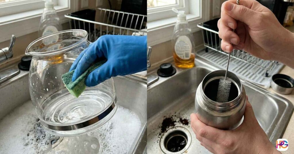 Glass carafe vs. thermal carafe which is easier to clean (1) Side-by-side view of a person washing a clear glass coffee pot with a soapy green sponge and using a long bottle brush to scrub the narrow inside of a stainless steel thermal carafe at a kitchen sink.