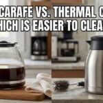 Side-by-side comparison of a transparent glass coffee pot and a stainless steel thermal carafe on a kitchen counter, with bold text asking Glass carafe vs. thermal carafe: which is easier to clean?