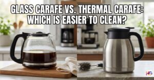 Side-by-side comparison of a transparent glass coffee pot and a stainless steel thermal carafe on a kitchen counter, with bold text asking Glass carafe vs. thermal carafe: which is easier to clean?