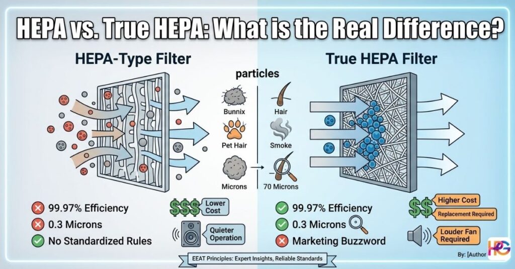 HEPA vs. True HEPA: What is the Real Difference? infographic comparing HEPA-type and True HEPA filters on efficiency, particle size (0.3 microns), cost, and noise levels.