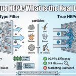 HEPA vs. True HEPA: What is the Real Difference? infographic comparing HEPA-type and True HEPA filters on efficiency, particle size (0.3 microns), cost, and noise levels.