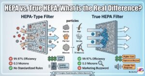 HEPA vs. True HEPA: What is the Real Difference? infographic comparing HEPA-type and True HEPA filters on efficiency, particle size (0.3 microns), cost, and noise levels.