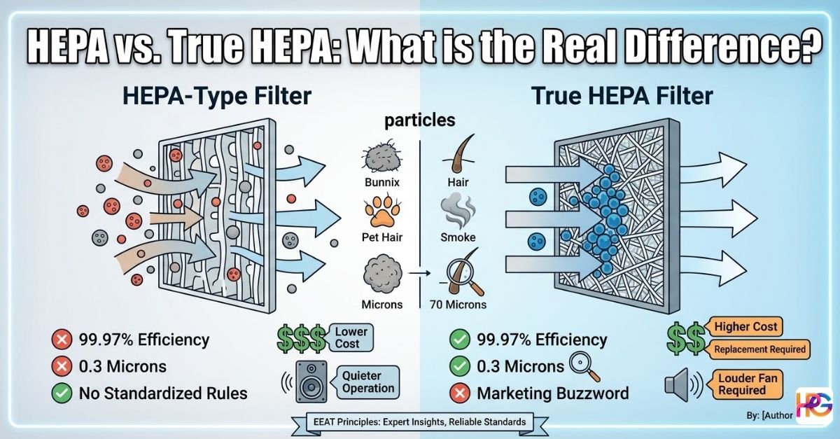 HEPA vs. True HEPA: What is the Real Difference? infographic comparing HEPA-type and True HEPA filters on efficiency, particle size (0.3 microns), cost, and noise levels.