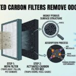 An educational infographic titled "How Activated Carbon Filters Remove Odors and VOCs" showing a two-step air filtration process. The image illustrates air passing through a white HEPA filter to trap dust and then through a black activated carbon bed where odor and VOC molecules are captured in microscopic pores through adsorption.