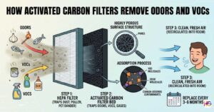 An educational infographic titled "How Activated Carbon Filters Remove Odors and VOCs" showing a two-step air filtration process. The image illustrates air passing through a white HEPA filter to trap dust and then through a black activated carbon bed where odor and VOC molecules are captured in microscopic pores through adsorption.