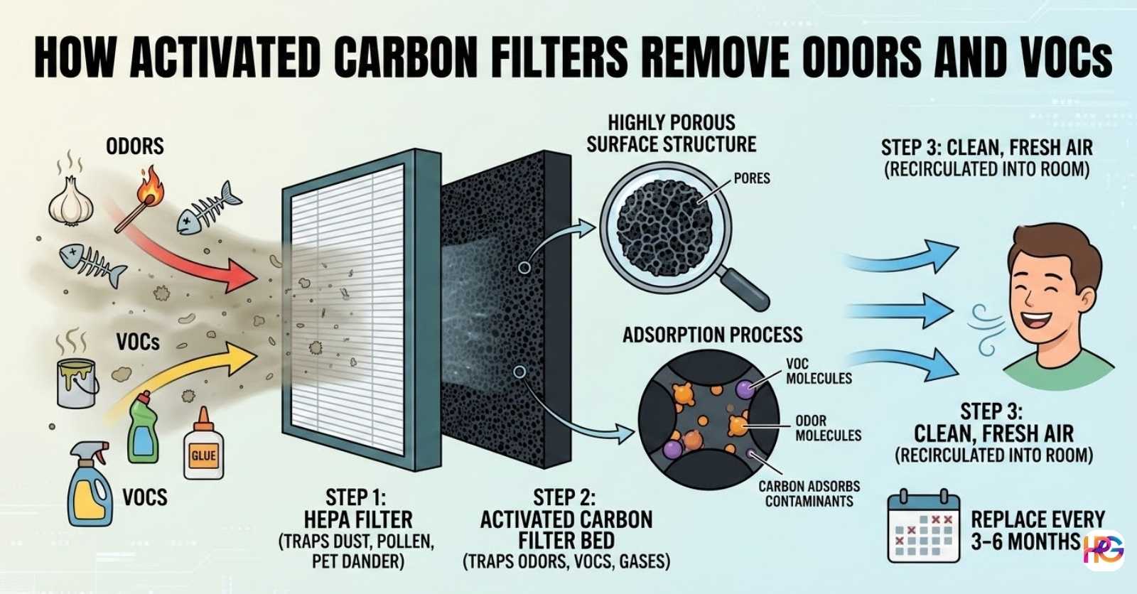 An educational infographic titled "How Activated Carbon Filters Remove Odors and VOCs" showing a two-step air filtration process. The image illustrates air passing through a white HEPA filter to trap dust and then through a black activated carbon bed where odor and VOC molecules are captured in microscopic pores through adsorption.