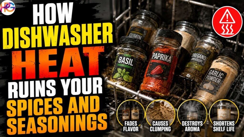 Spice jars inside a dishwasher with bold Impact-style text reading "How Dishwasher Heat Ruins Your Spices and Seasonings," illustrating how heat and moisture damage spices.