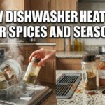 A split-scene image in a modern kitchen. The left shows an open, steaming dishwasher with a hand holding a spice jar near the steam, and other jars on the rack. The right shows cloudy spice jars with peeling labels on a countertop. Large white text across the top reads: "HOW DISHWASHER HEAT RUINS YOUR SPICES AND SEASONINGS."