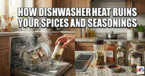 A split-scene image in a modern kitchen. The left shows an open, steaming dishwasher with a hand holding a spice jar near the steam, and other jars on the rack. The right shows cloudy spice jars with peeling labels on a countertop. Large white text across the top reads: "HOW DISHWASHER HEAT RUINS YOUR SPICES AND SEASONINGS."