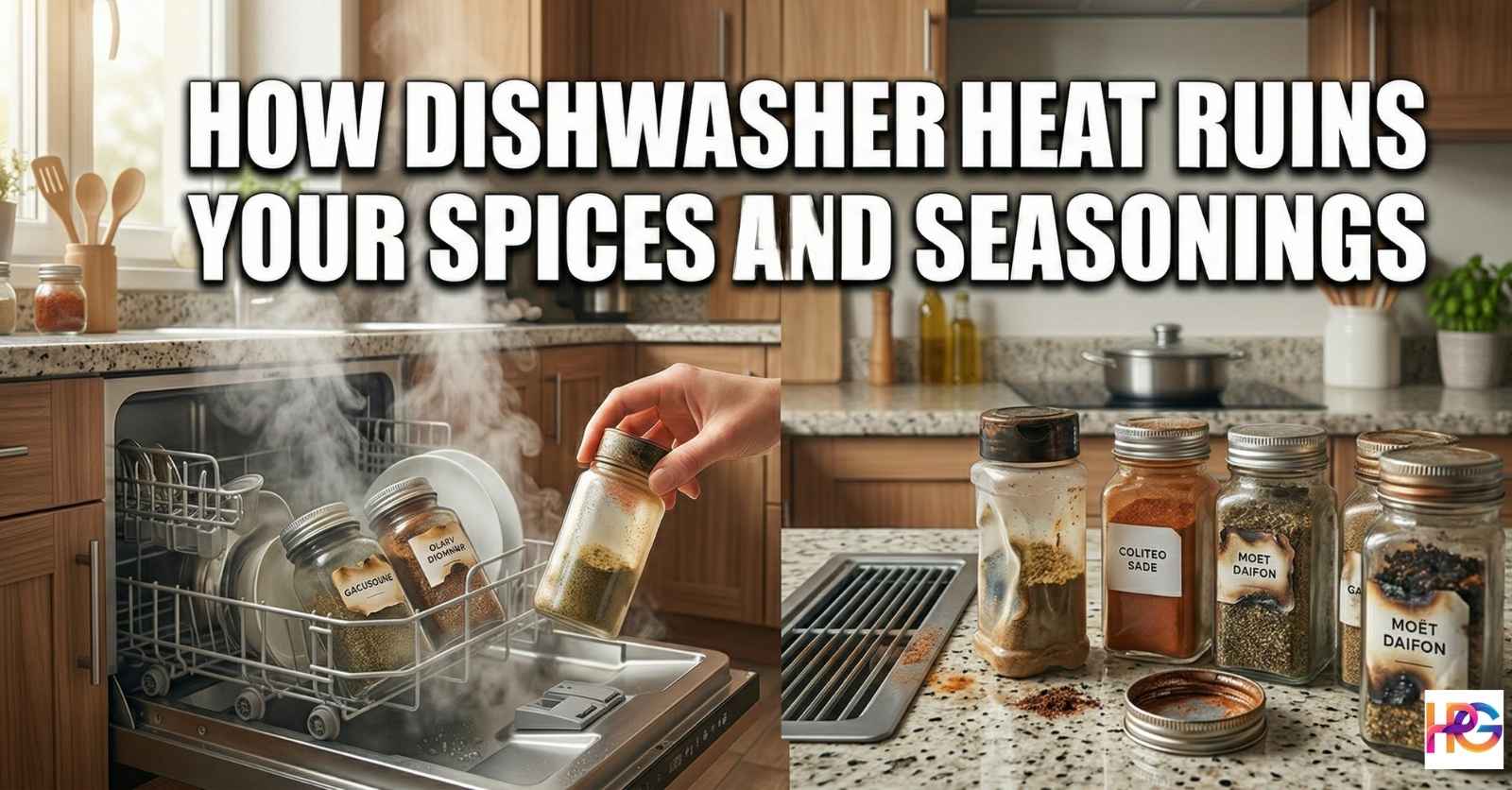 A split-scene image in a modern kitchen. The left shows an open, steaming dishwasher with a hand holding a spice jar near the steam, and other jars on the rack. The right shows cloudy spice jars with peeling labels on a countertop. Large white text across the top reads: "HOW DISHWASHER HEAT RUINS YOUR SPICES AND SEASONINGS."