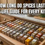 A organized kitchen drawer filled with labeled glass spice jars containing various ground and whole spices like cinnamon, turmeric, and peppercorns.