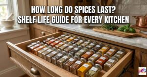 A organized kitchen drawer filled with labeled glass spice jars containing various ground and whole spices like cinnamon, turmeric, and peppercorns.