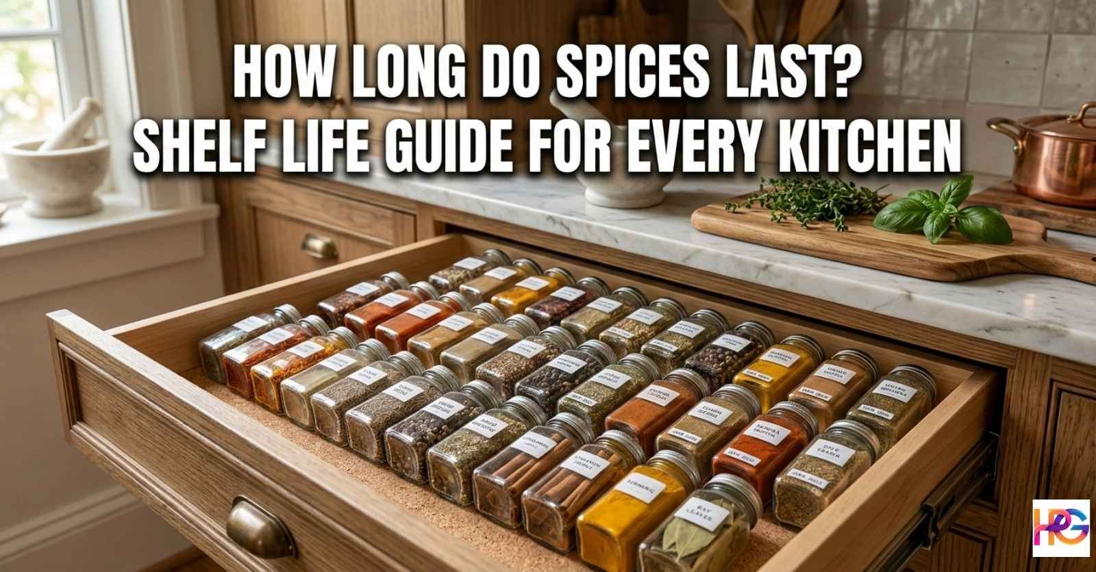 A organized kitchen drawer filled with labeled glass spice jars containing various ground and whole spices like cinnamon, turmeric, and peppercorns.