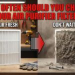 A split-screen comparison showing a clean white True HEPA filter on a tool workbench next to a dirty, dust-clogged air purifier filter with bold text asking how often to change it.