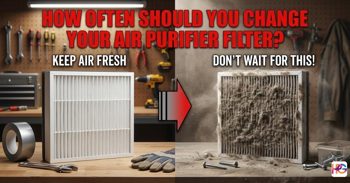 A split-screen comparison showing a clean white True HEPA filter on a tool workbench next to a dirty, dust-clogged air purifier filter with bold text asking how often to change it.