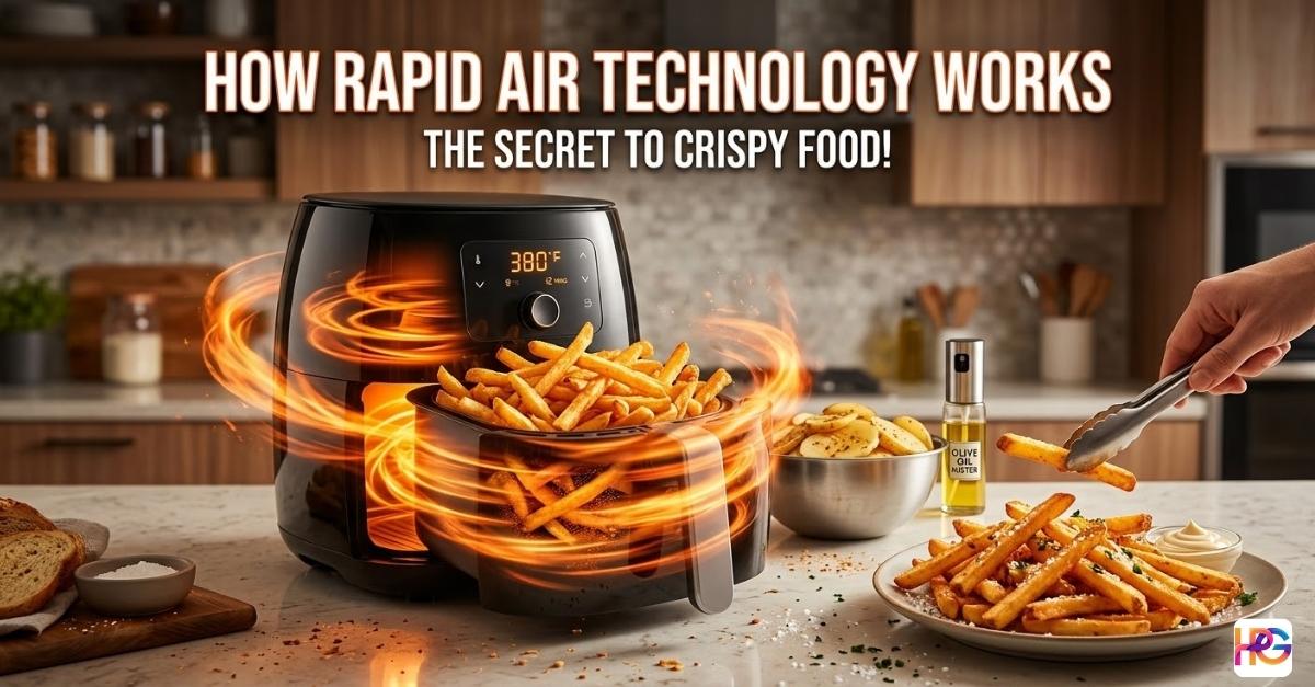 A black modern air fryer in a kitchen showing a glowing orange vortex of hot air circulating around crispy French fries.