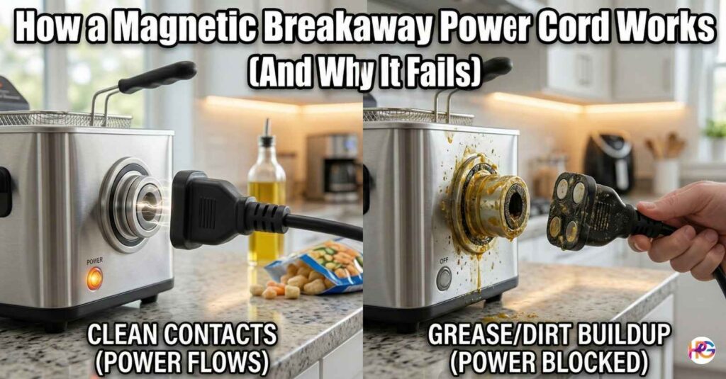 Split comparison showing a clean magnetic breakaway power cord working on a deep fryer versus a grease-covered cord failing to connect.