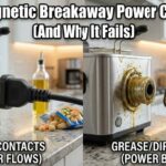 Split comparison showing a clean magnetic breakaway power cord working on a deep fryer versus a grease-covered cord failing to connect.