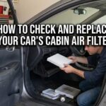 **Alt Text:** > A man showing how do i change the cabin air filter by sliding a new filter into a car dashboard.