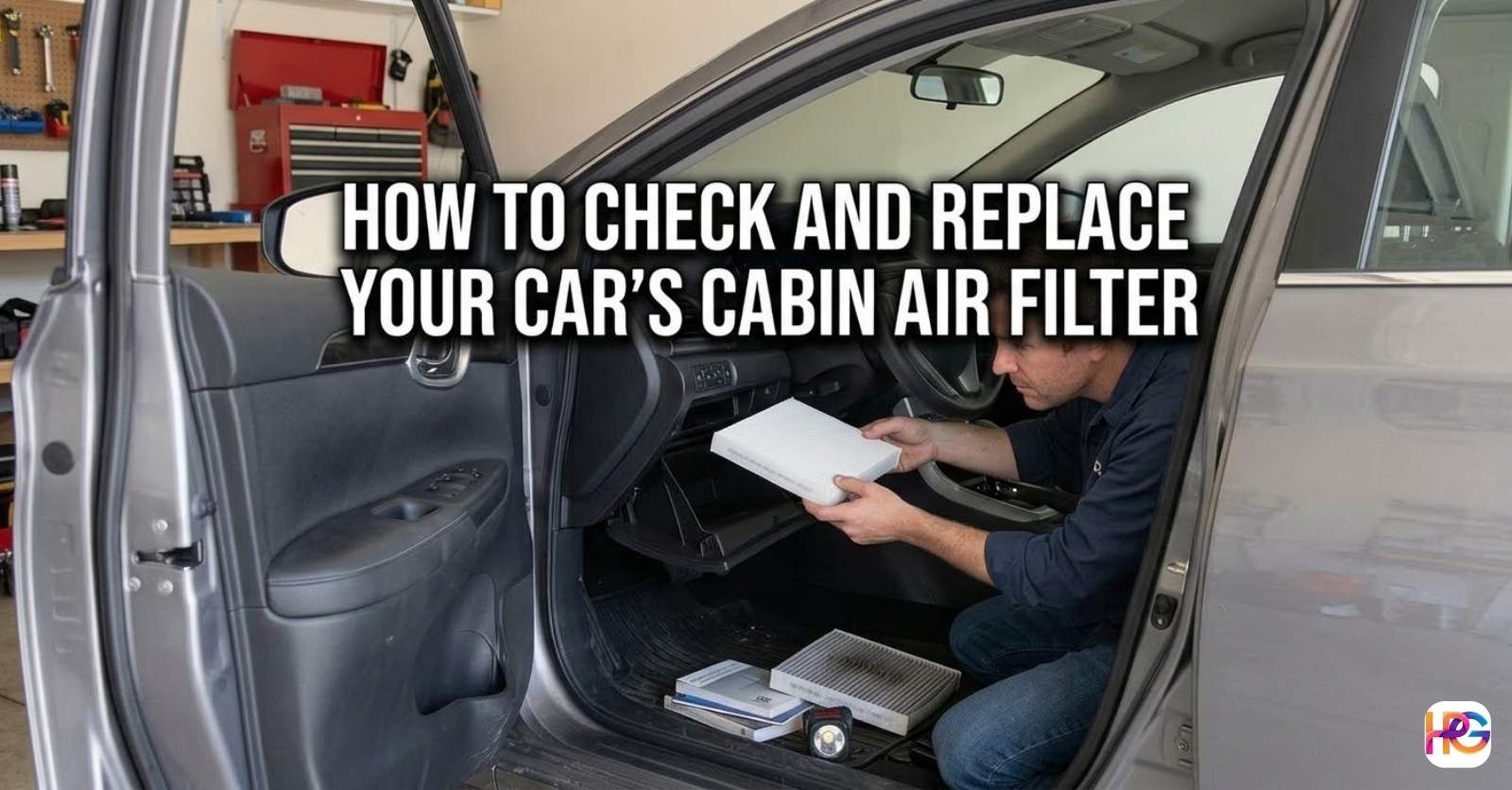 **Alt Text:** > A man showing how do i change the cabin air filter by sliding a new filter into a car dashboard.