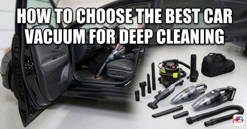 A collection of cordless and corded car vacuums with various attachments like crevice tools and hoses sitting next to an open car door in a garage.
