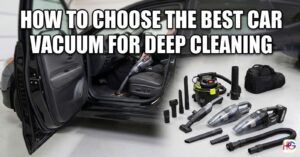 A collection of cordless and corded car vacuums with various attachments like crevice tools and hoses sitting next to an open car door in a garage.